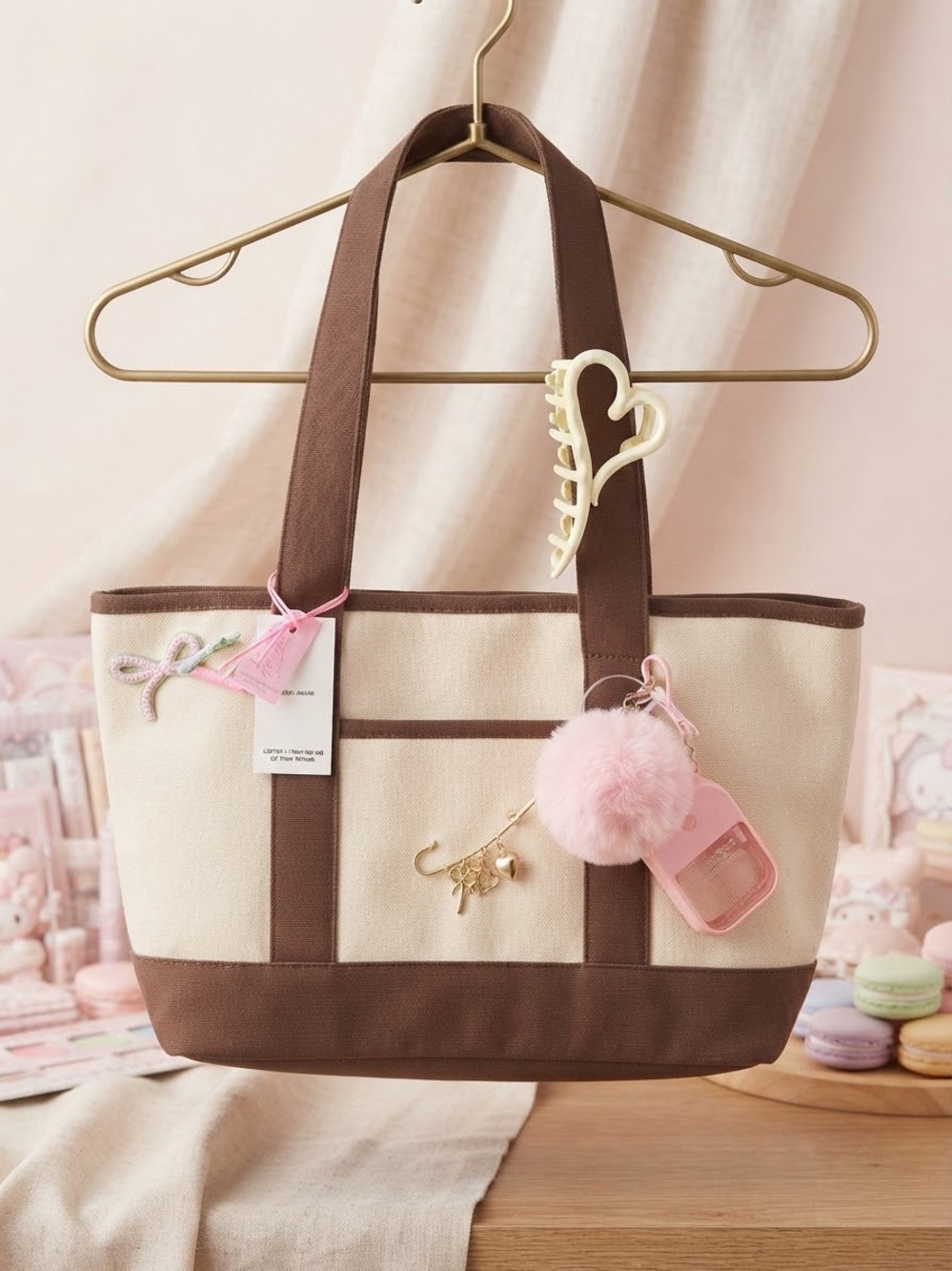 Cream Canvas Tote with Chocolate Brown Trim and Pink Pom Accent